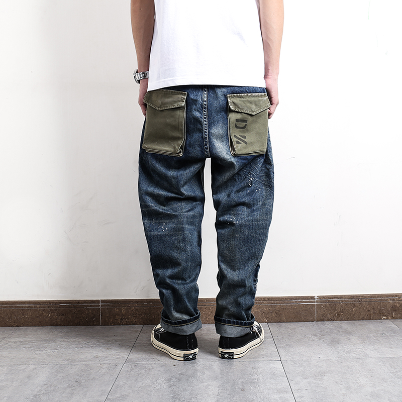 Loose Green Pocket Washed And Splashed Ink Nine-point Straight Jeans Men