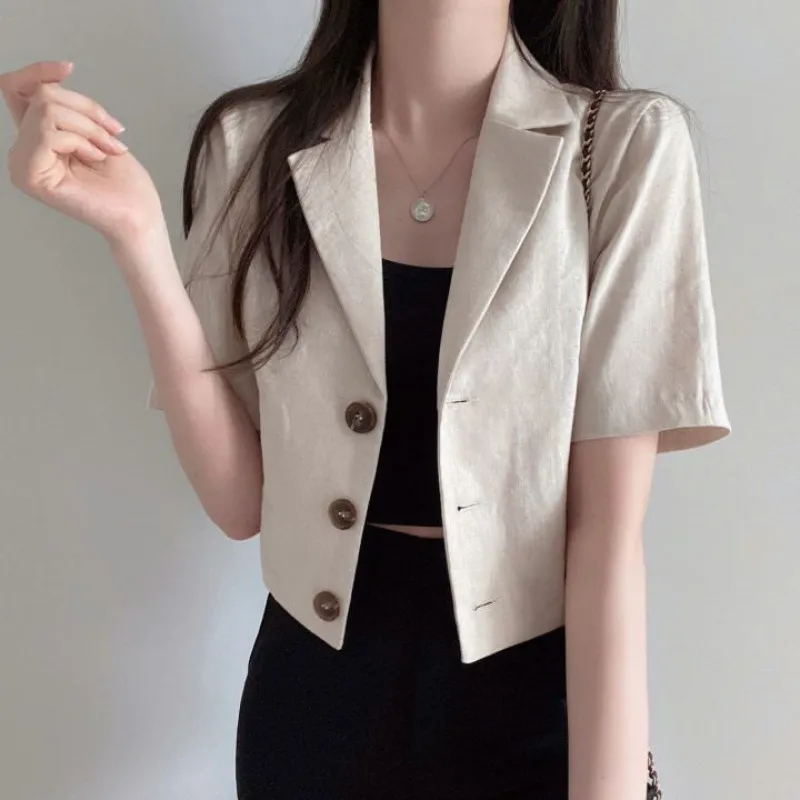 Solid Color Short Sleeved Cotton Linen Small Suit For Women's Leisure - Linen-L