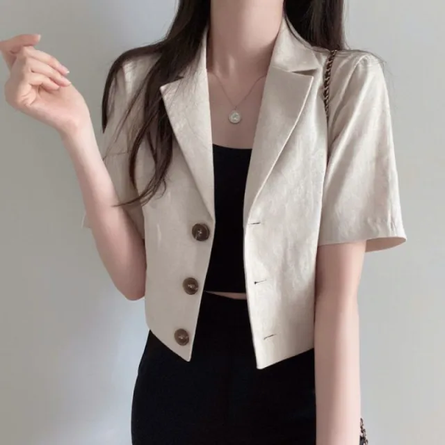 Solid Color Short Sleeved Cotton Linen Small Suit For Women's Leisure Linen L - Shop at LoveMi