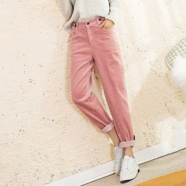 Women Pants Loose Corduroy Harem High Waist Pink - Shop at LoveMi