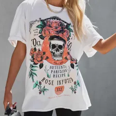 Round Neck Short Sleeve Loose Casual T-Shirt Ladies Top - White - View 1