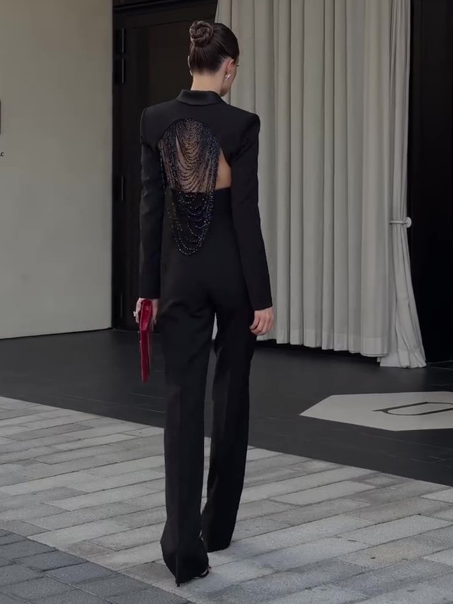 Black Backless Beaded Cropped Blazer & High Waist Pants Set