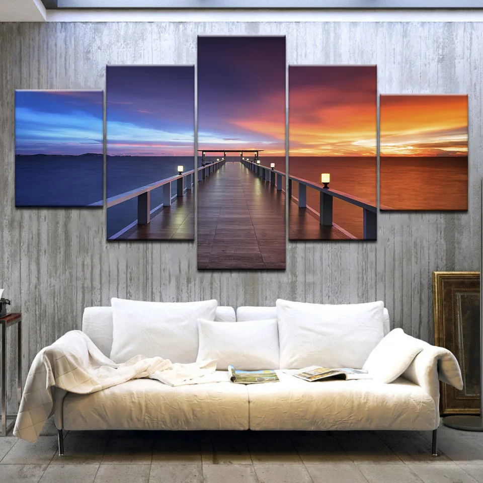 Print Wall Poster Home Decor Beautiful Sunset Bridge Nature Landscape Painting Lake Pictures - No Frame