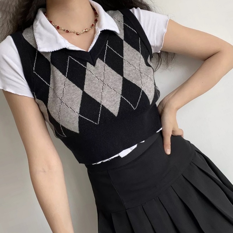 Title 1, Simple Slim Polo Collar Knitted T-shirt Women