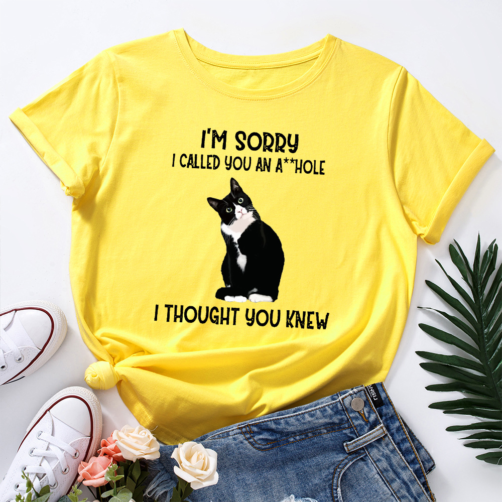 Cute Letter Cat Print Loose Round Neck Short Sleeve T-shirt Women