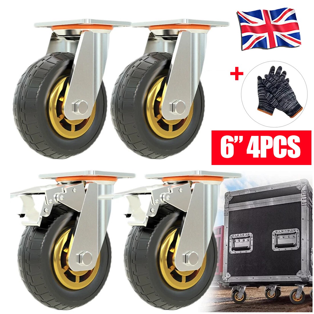 4x 6 Inch 150mm Heavy Duty Swivel Castor Wheels 750kg Load 2 with Brakes — image 4