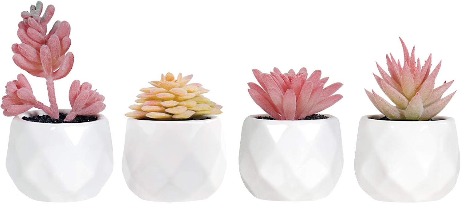 Mini Pink Artificial Succulents In Pots 4 Units, Small Faux Plants For Desk, Office, Bedroom And Home Decor
