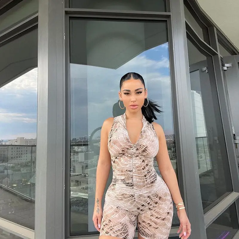 Snake Print Sleeveless V Neck High Waist Hip Raise Jumpsuit