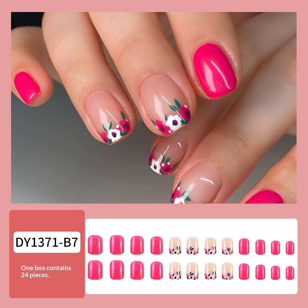 24 Pieces Of Short Square Floral French-style Pressed Nail Pink Acrylic Nail Stickers With Gradient Wearability, Including 1 Piece Of Jelly Glue And 1 Nail File. Nail Accessories.