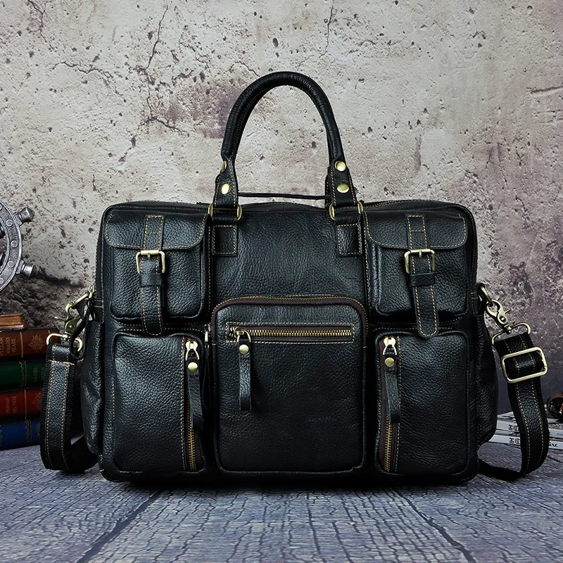 First Layer Cowhide Men's 16-inch Large-capacity Briefcase - Black