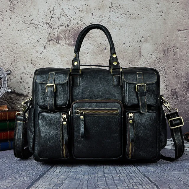 First Layer Cowhide Men's 16 inch Large capacity Briefcase Black - Shop at LoveMi