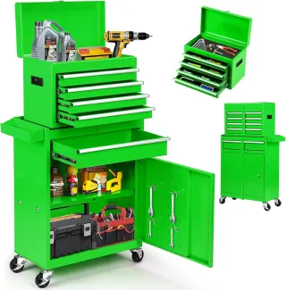 5-Drawer Rolling Tool Chest -2-in-1 Lockable Tool Box With Wheels, Sliding Drawers & Detachable Top- Garage & Workshop Storage Cabinet, Green