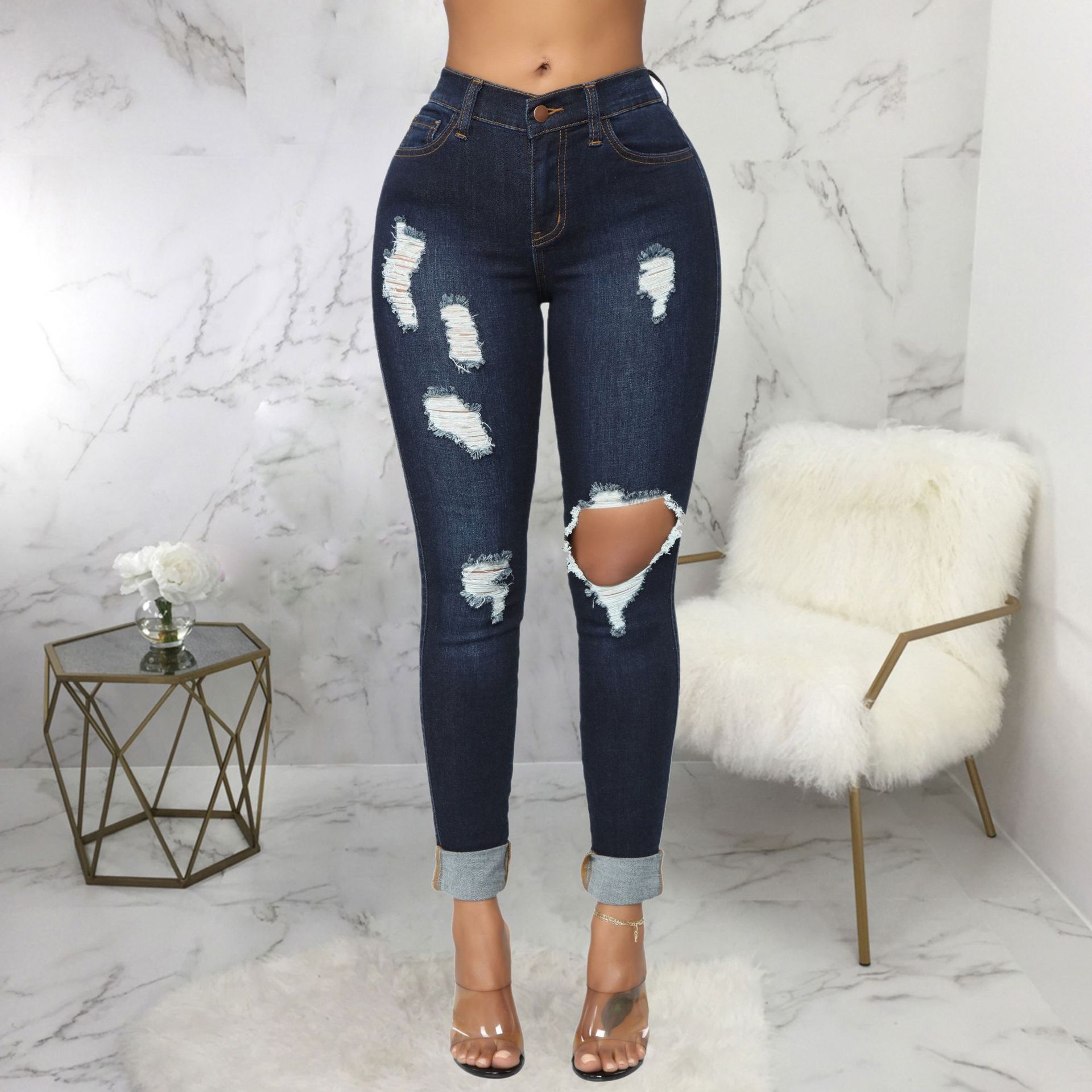 Fashion Versatile Stretch High Waist Denim Wash Navy - Shop at LoveMi