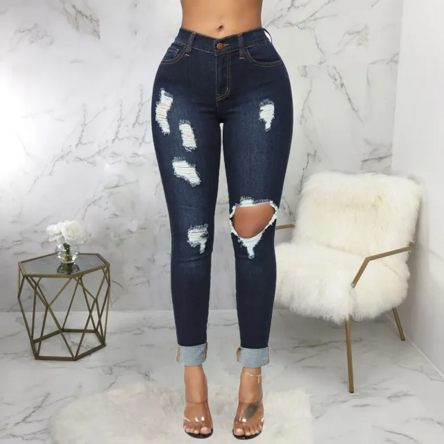 Fashion Versatile Stretch High Waist Denim Wash Navy Blue - Shop at LoveMi