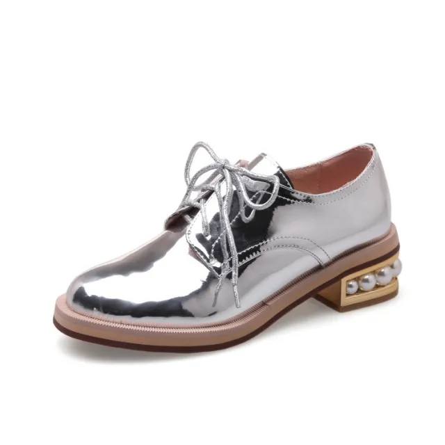 Spring And Autumn Shiny Round Toe Small Leather Shoes Mid heel Platform Silver - Shop at LoveMi