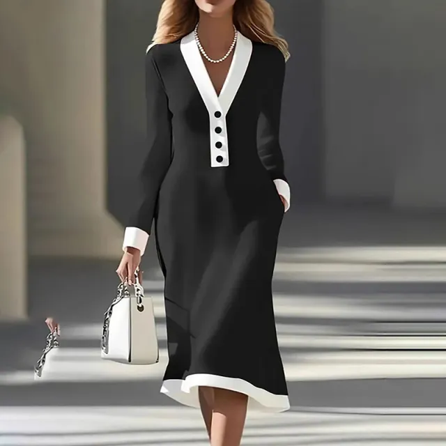 Women's Color Block Maxi Dress, V Neck Long Sleeve Elegant Casual Dress Black - Shop at LoveMi