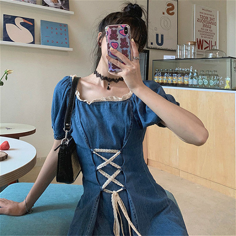 Square Neck, Puff Sleeves, Waist, Slimming, Strappy, All-Match Skirt