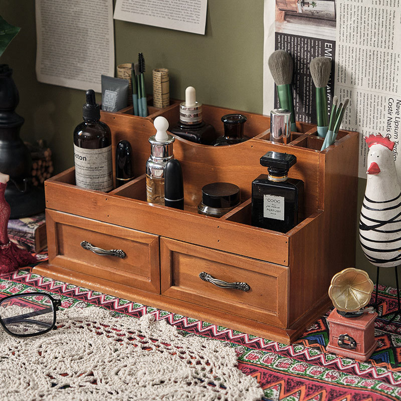 Rack da Makeup Vintage in Legno con Ripiani