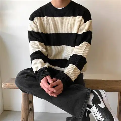 Striped Crewneck Sweater Men's Style Loose and Lazy Wind