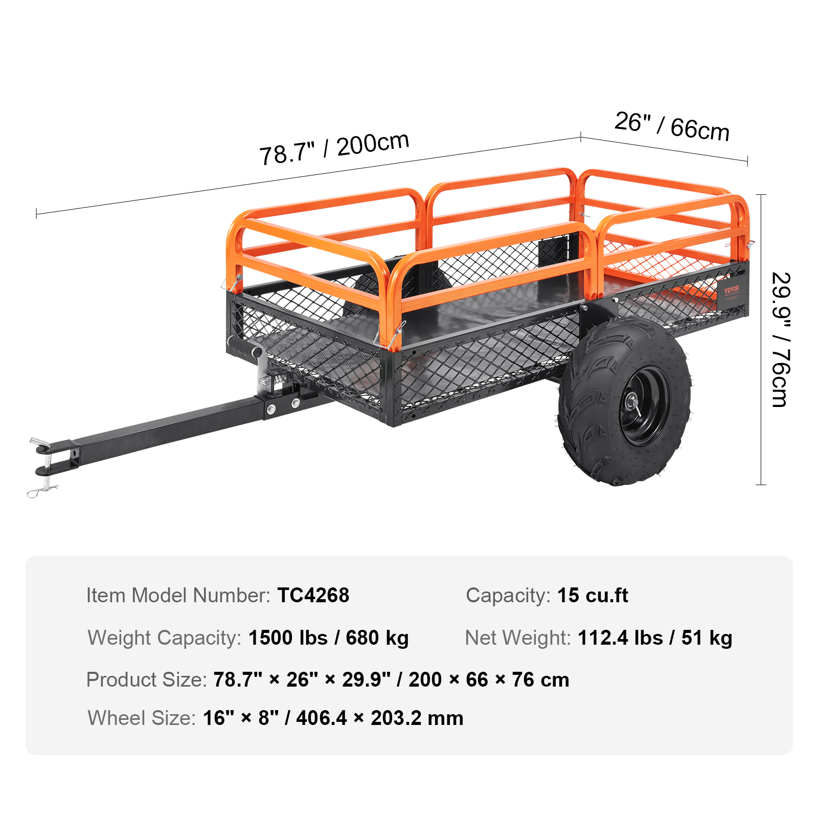 VEVOR Heavy Duty Steel ATV Dump Trailer, 1500-Pound Load Capacity 15 Cubic Feet, Tow Behind Dump Cart Garden Trailer, With Removable Sides And 2 Tires, For Mowers, Tractors, ATV, UTV image 4