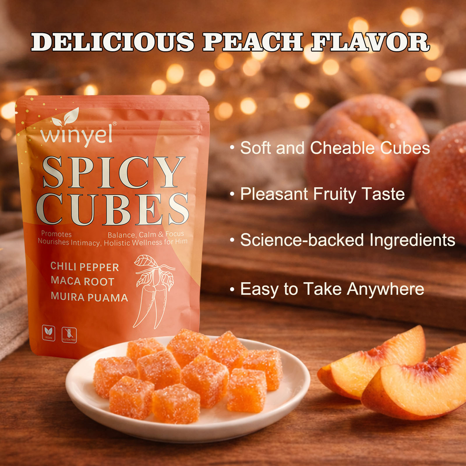 WINYEL Spicy Cubes, Intimacy Gummies With Chili Pepper, Muira Puama, Maca Root, Epimedium, Helps Promote Hormone Balance, Calmness And Intimacy Wellness, Peach Flavor, 30 Gummies