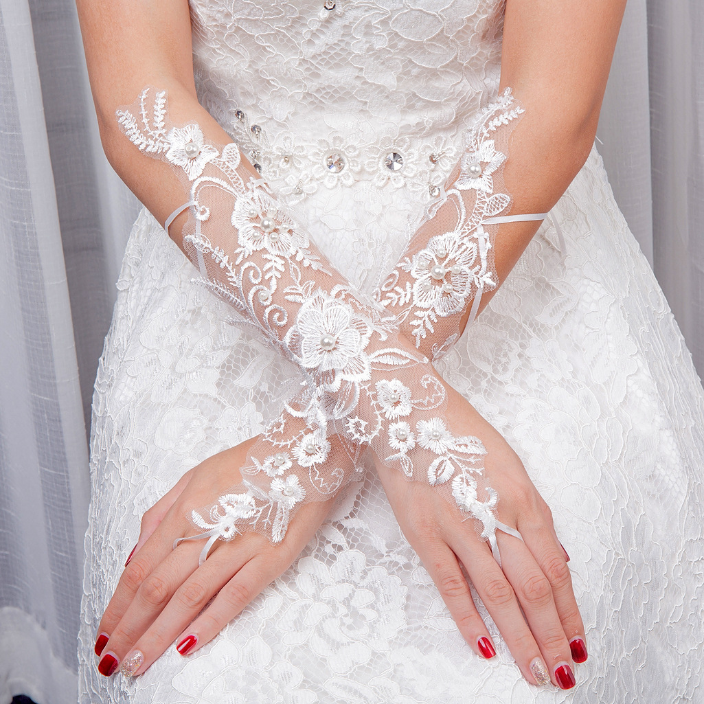 Title 2, Bridal Wedding Gloves Fingerless Embroidered Fi...