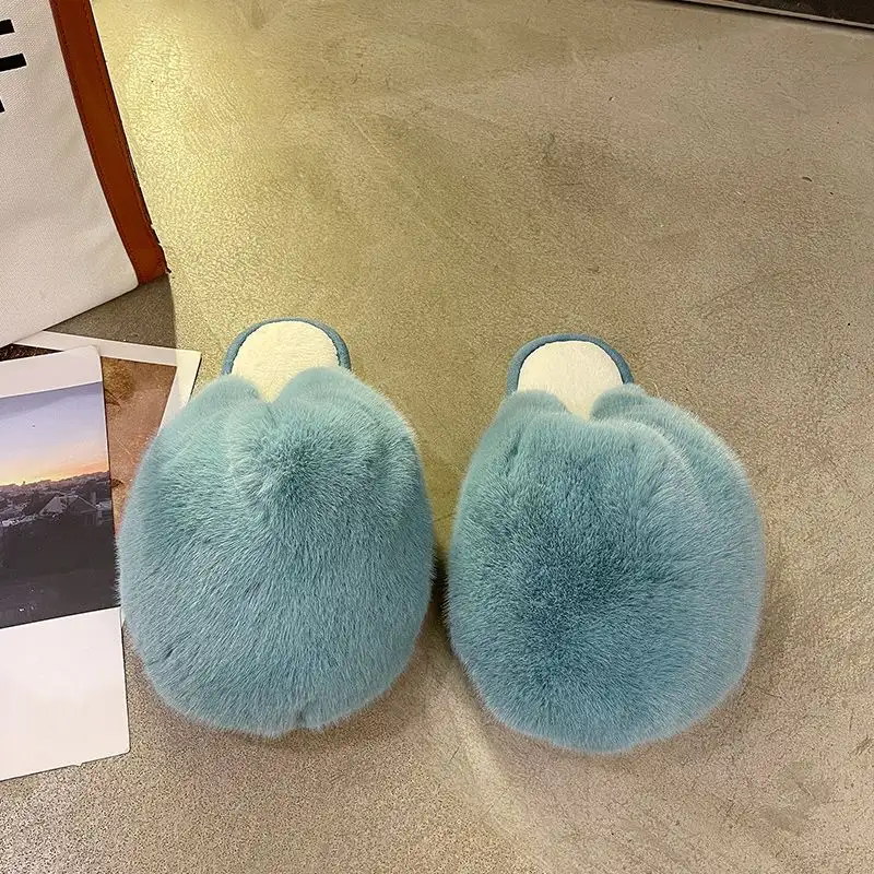 Women's Flat Bottom Half Slippers With Fur Toe Head