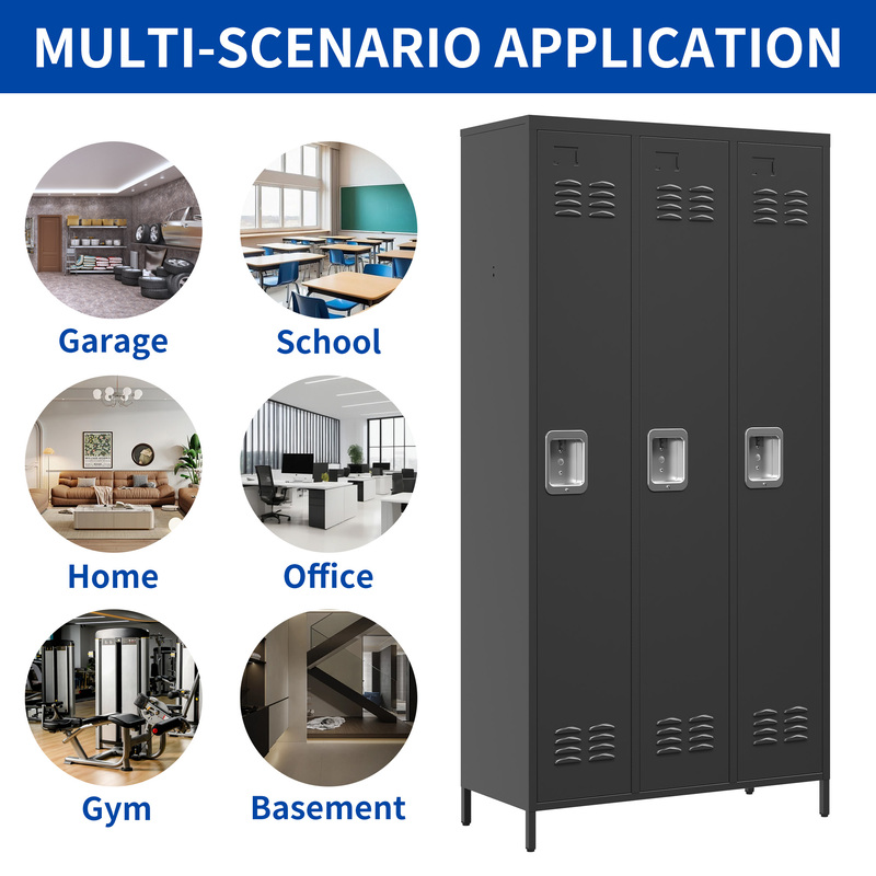 3-Door 72in Steel Locker W Locks For Employees, Storage Cabinet For Home Gym Office School Garage, Gray,Black 3