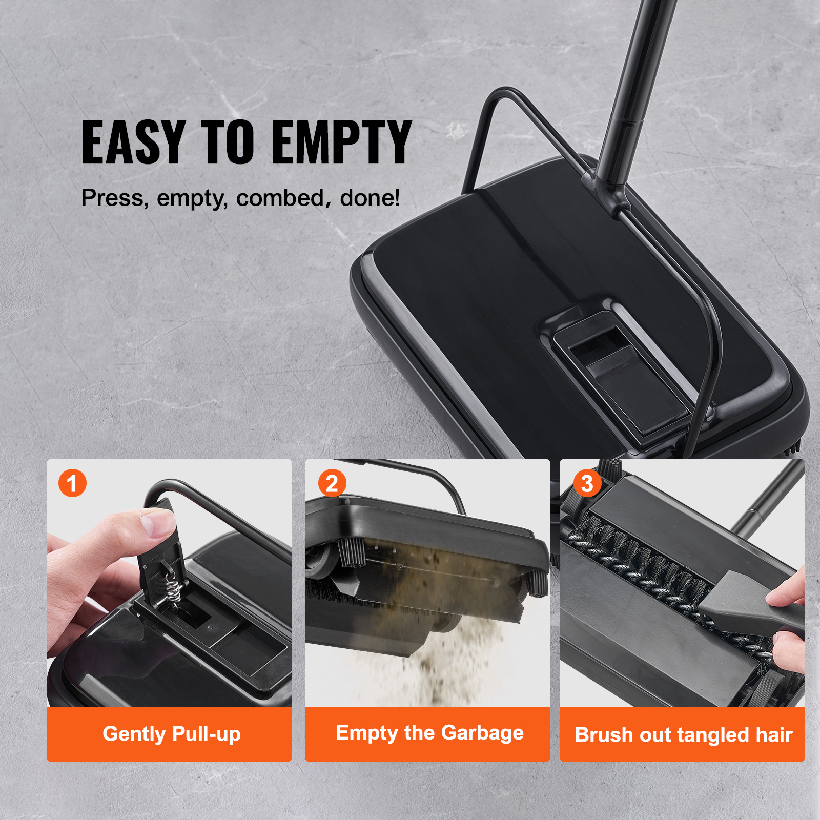 VEVOR Carpet Sweeper, 7.87 In Sweeping Paths, Floor Sweeper Manual Non Electric, 300 Ml Dustbin Capacity With Comb For Home Office Rugs Hardwood Surfaces Wood Floors Laminate, Cleans Dust Pet Hair image 3