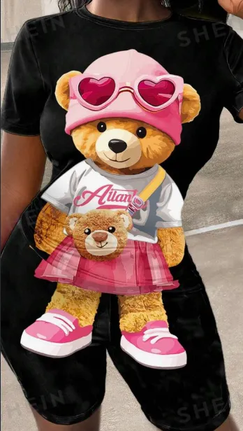 Casual Printed Cute Bear Pattern Set For Women, Suitable For Summer Pink - Shop at LoveMi