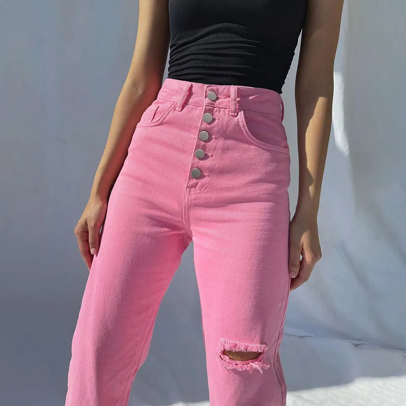 Women's High Waist Ripped Straight Wide Leg Jeans - Pink