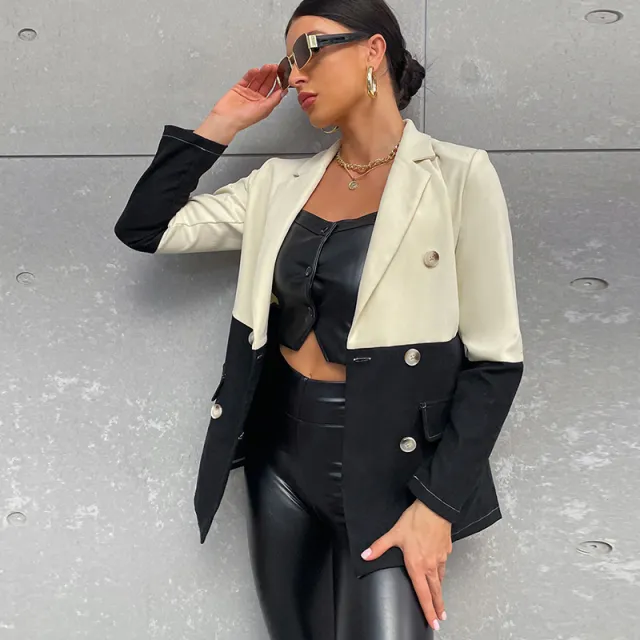 New Black And White Patchwork Button Long Sleeve Mid Length Suit Top White - Shop at LoveMi