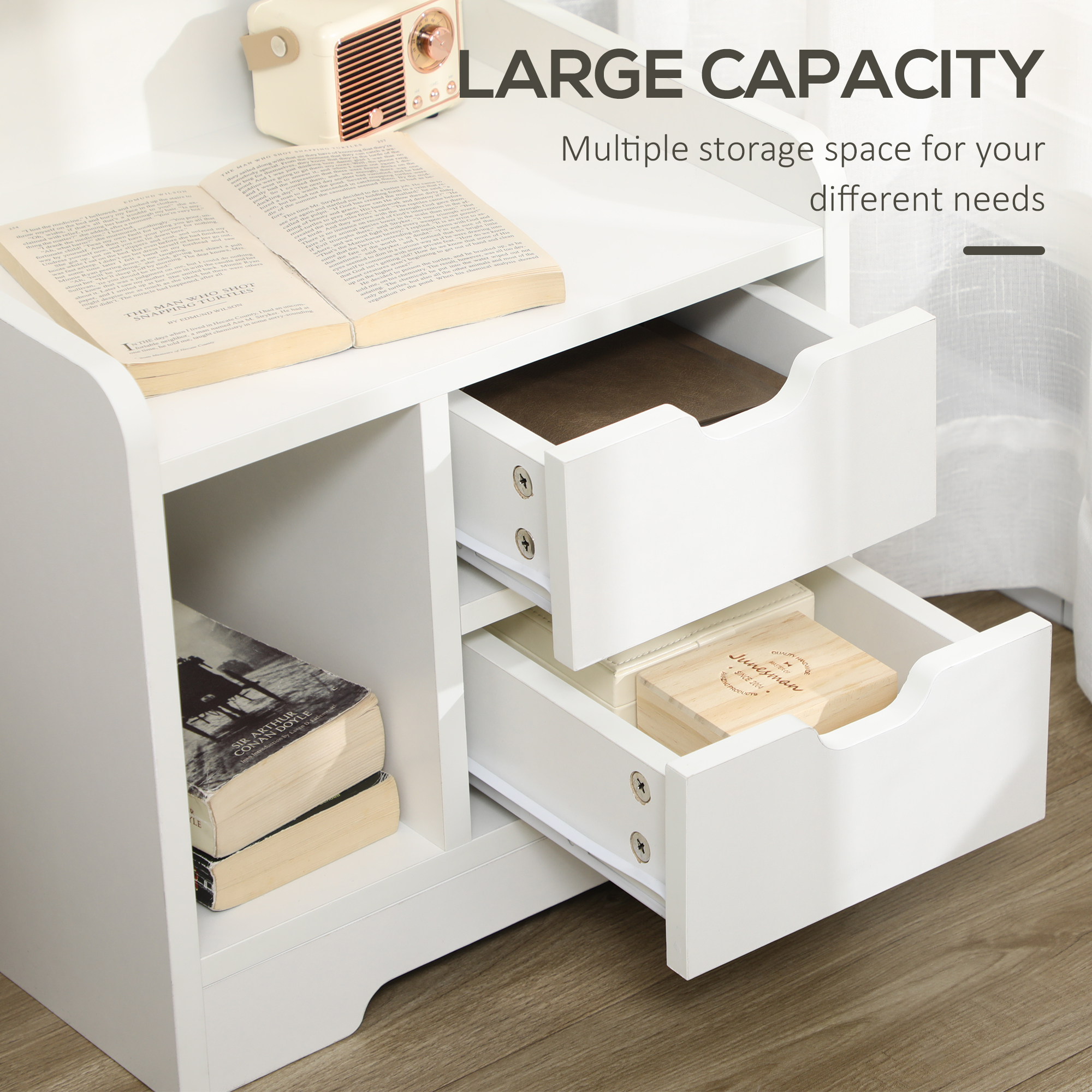 Bedside Table, Small With 2 Drawers And Storage Rack, Modern Bedroom White — image 2