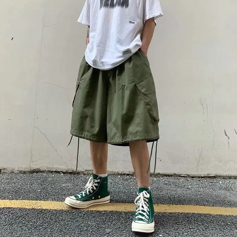 Large Pocket Cargo Shorts Men's Summer Hong Kong Style Retro Straight