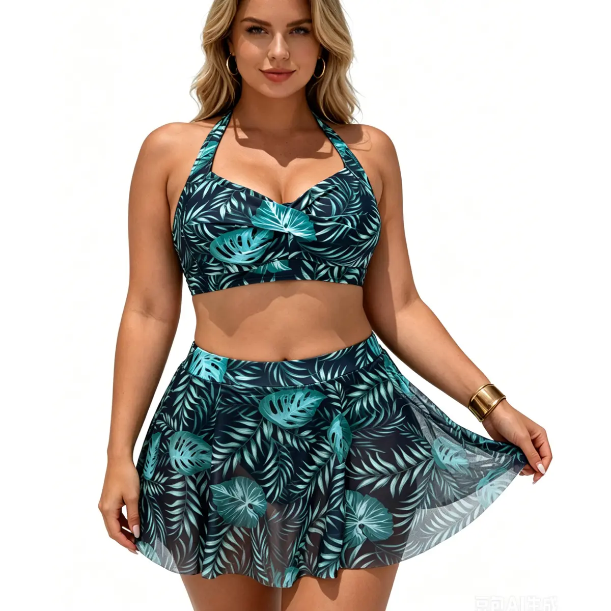 Women's Tropical Leaf 3-Piece Swimsuit, Halter Twist