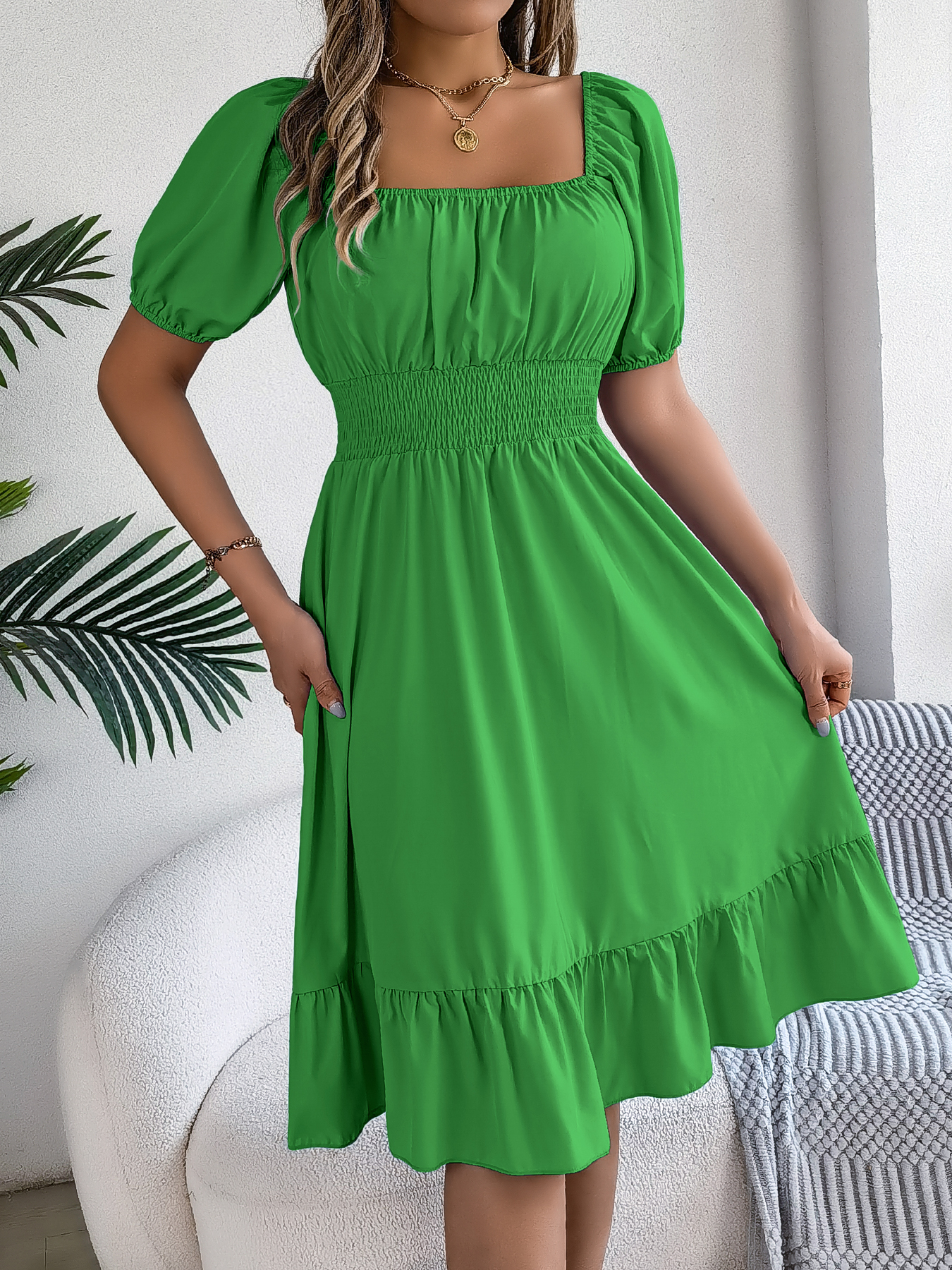 Women’s Casual Square Neck Short Sleeve Tie Waist Ruffle A-Line Dress