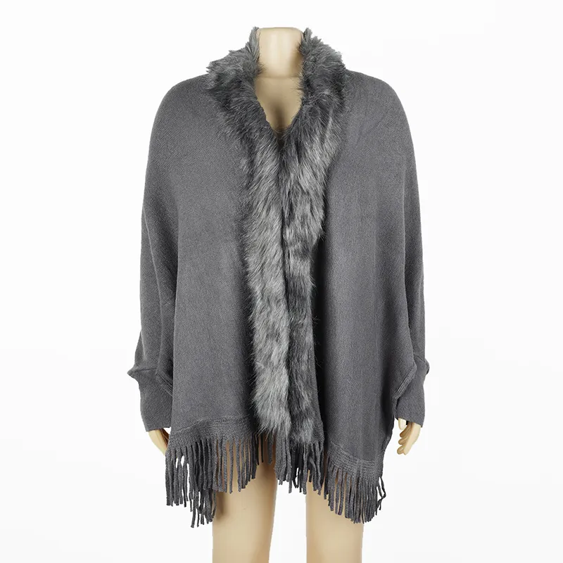 Women's Faux Fur Trim Cardigan Coat - Fringe Hem Layer Poncho For Fall & Winter - Gray