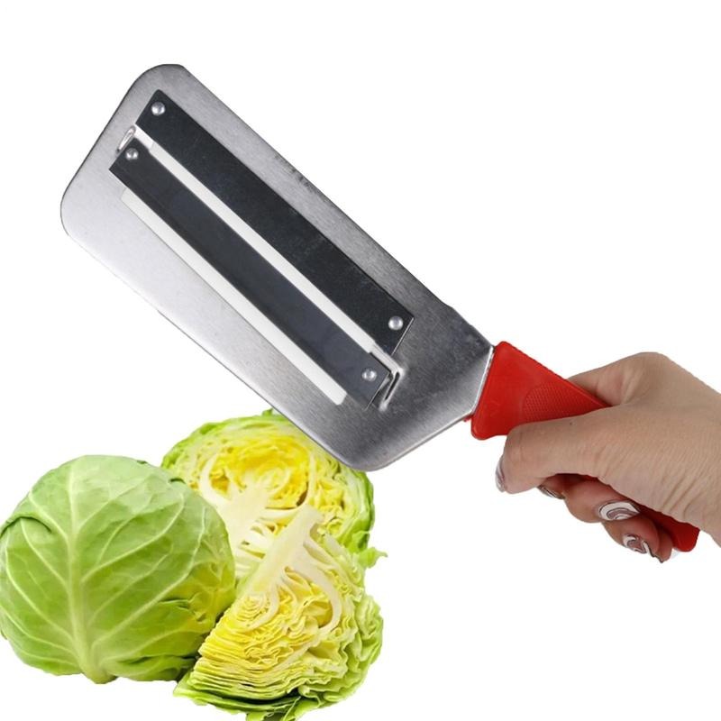 Stainless steel cabbage shredder with two parallel blades and red silicone grip for coleslaw and sauerkraut