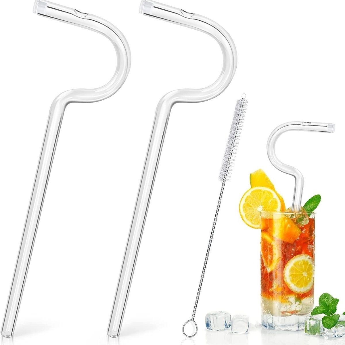 Glass drinking straw and cleaning brush set with flute style design for engaging lips horizontally, anti-wrinkle, and reusable.