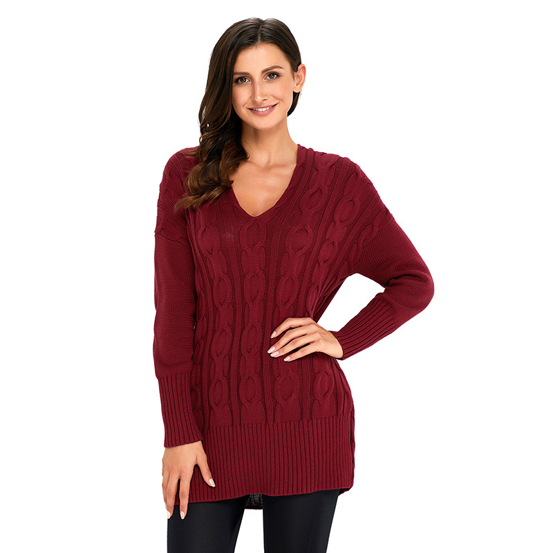 Title 7, Pullover Sweater Solid Color Long-sleeved V-neck