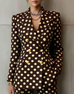 Retro Geometric Double-breasted Suit Jacket For Women, Long-sleeved, Slim Fit, Suitable For Commuting - Brown - View 1
