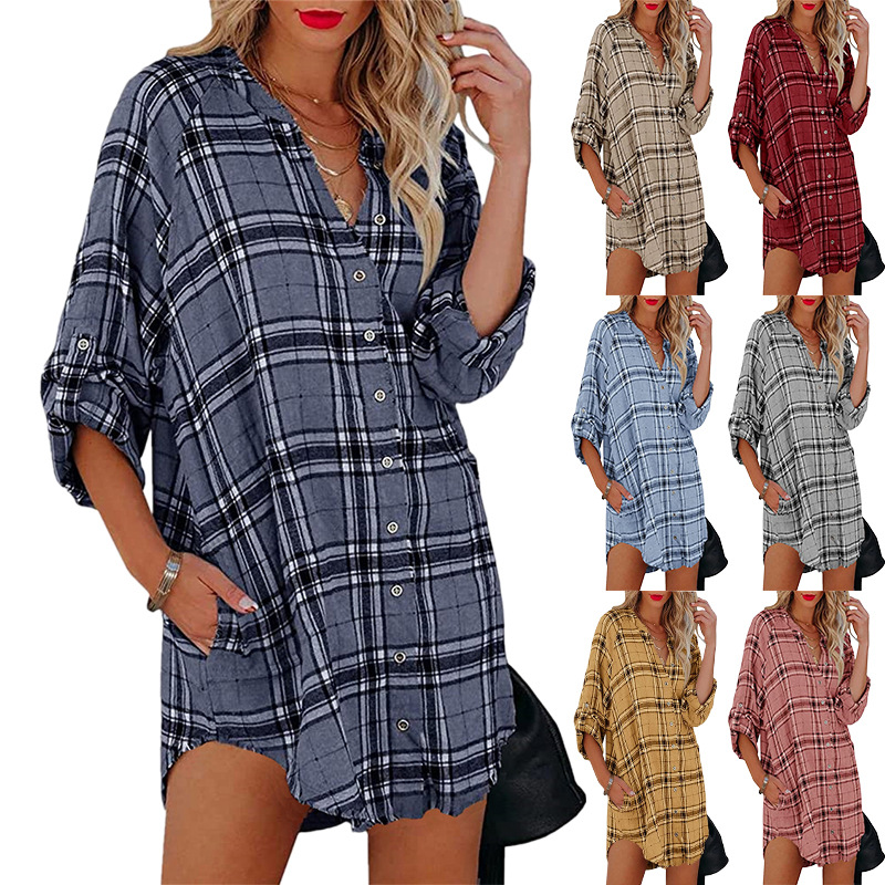 European And American Women's New Shirt Plaid Print