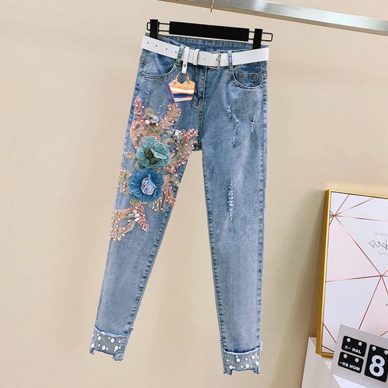 Women's Heavy Industry Beaded Embroidery Short Sleeved Jeans With Holes