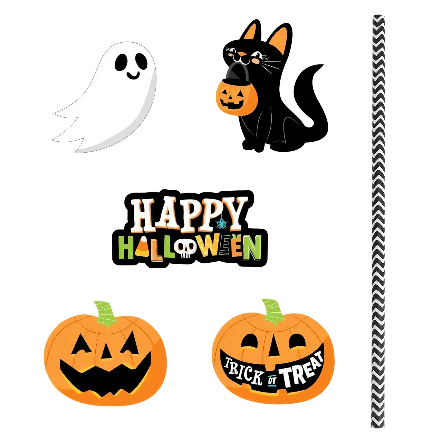 Set Of 25Pcs Halloween Party Striped Decorative Straws Disposable Drinking Straws Paper Straw Decor Happy Halloween Ghost Lantern Black Cat Halloween Party Supp