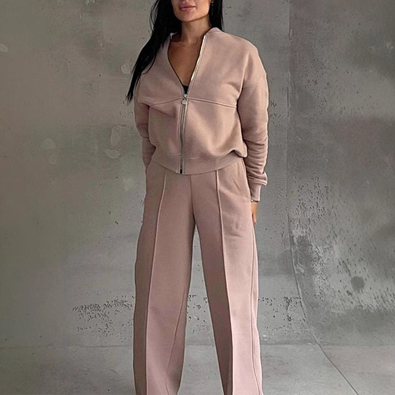 Women's Sweatsuit Set, Fall Zip Up Long Sleeve Sweatshirt Jacket And Wide Leg Sweatpants Pink - Shop at LoveMi