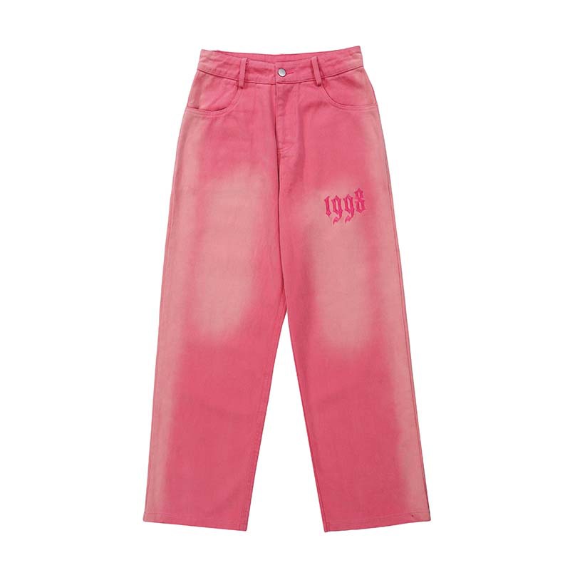 High Street Gradient Frayed White Letter Embroidered Jeans Men's Style Pink - Shop at LoveMi