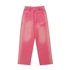 High Street Gradient Frayed White Letter Embroidered Jeans Men's Style - Pink - View 1
