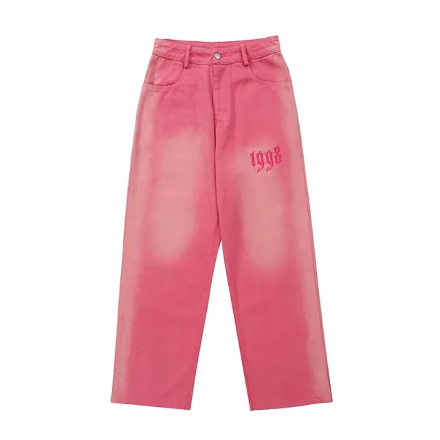 High Street Gradient Frayed White Letter Embroidered Jeans Men's Style Pink - Shop at LoveMi