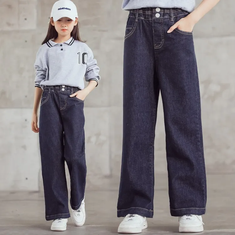 Solid Color Line Stretch Wide-leg Pants - Dark Blue