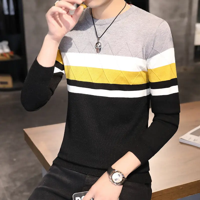 Striped Slim Pullover Round Neck Solid Color Sweater